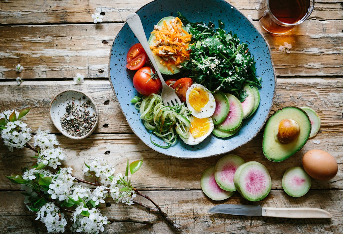 Healthy whole foods representing intermittent fasting and time-restricted eating