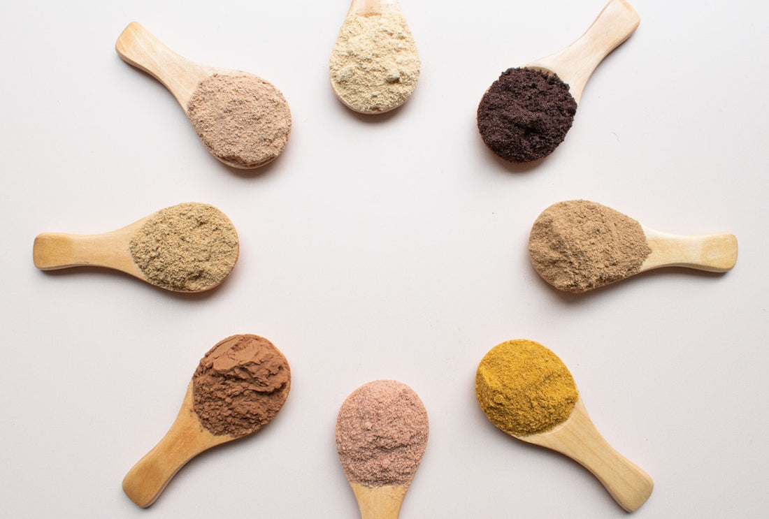 Colorful supplement powders representing cellular energy and mitochondrial health