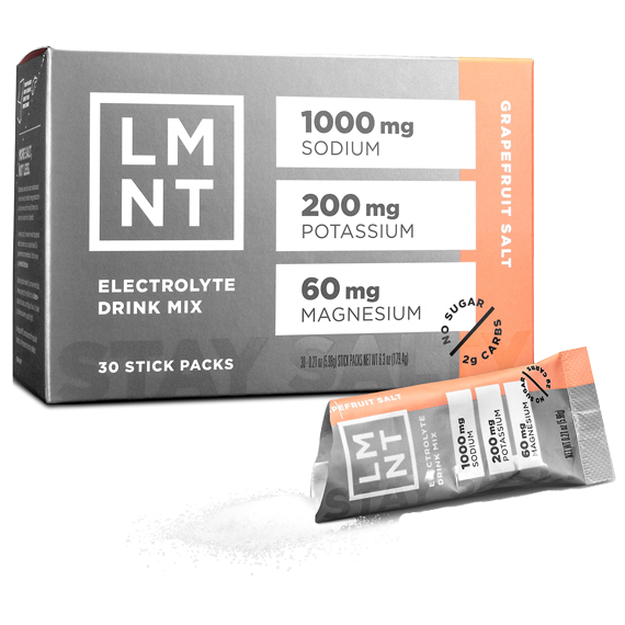 LMNT electrolyte drink mix packaging with grapefruit flavor, showing 30 stick packs with potassium and sodium levels, and a single stick pack outside the box.