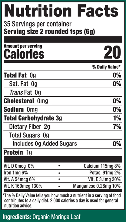 Organic Pure Moringa Powder 7.4oz Supplement Facts