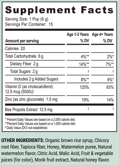 Kid’s Throat Soothing Lollipops Watermelon 15 Pops Supplement Facts